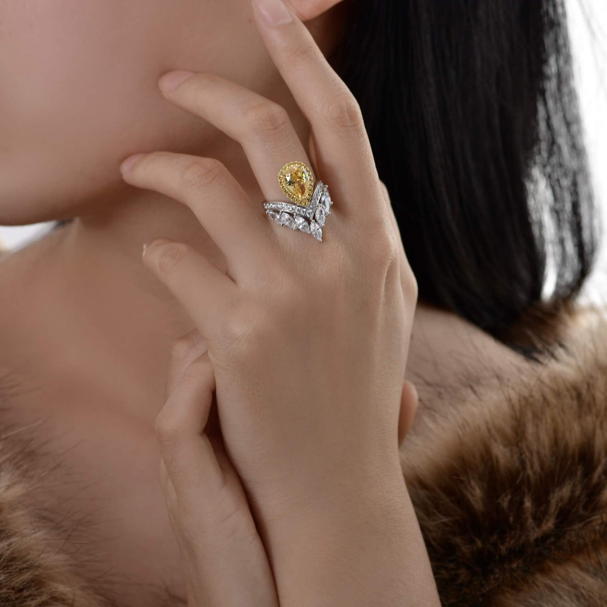 Halo Pear Yellow Sapphire Crown Accents Pave Sterling Silver Ring