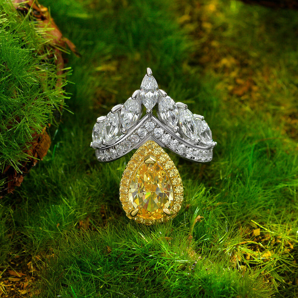 Halo Pear Yellow Sapphire Crown Accents Pave Sterling Silver Ring