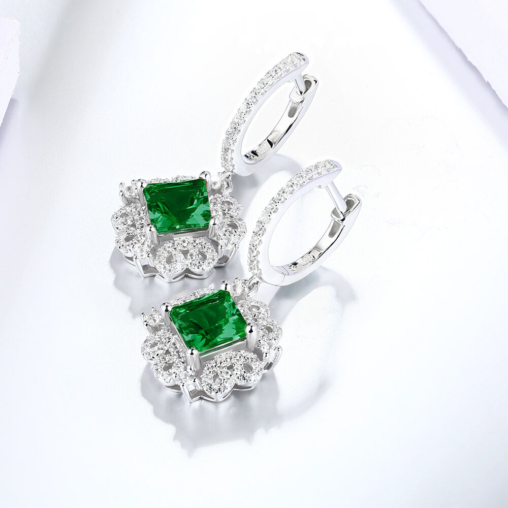 Halo Princess-Cut Lab-Created Emerald Sterling Silver Drop Earrings