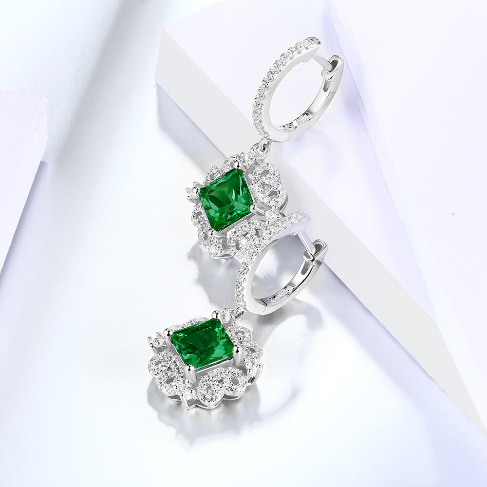 Halo Princess-Cut Lab-Created Emerald Sterling Silver Drop Earrings