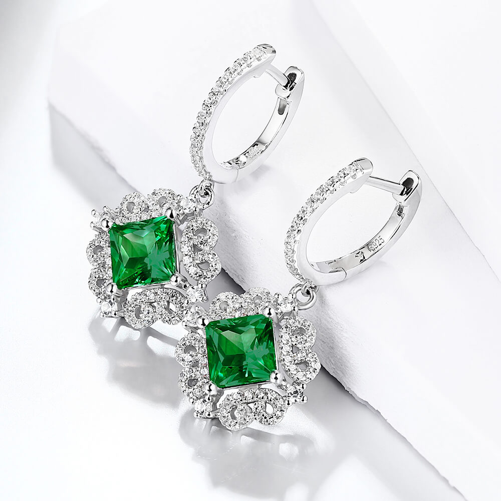 Halo Princess-Cut Lab-Created Emerald Sterling Silver Drop Earrings