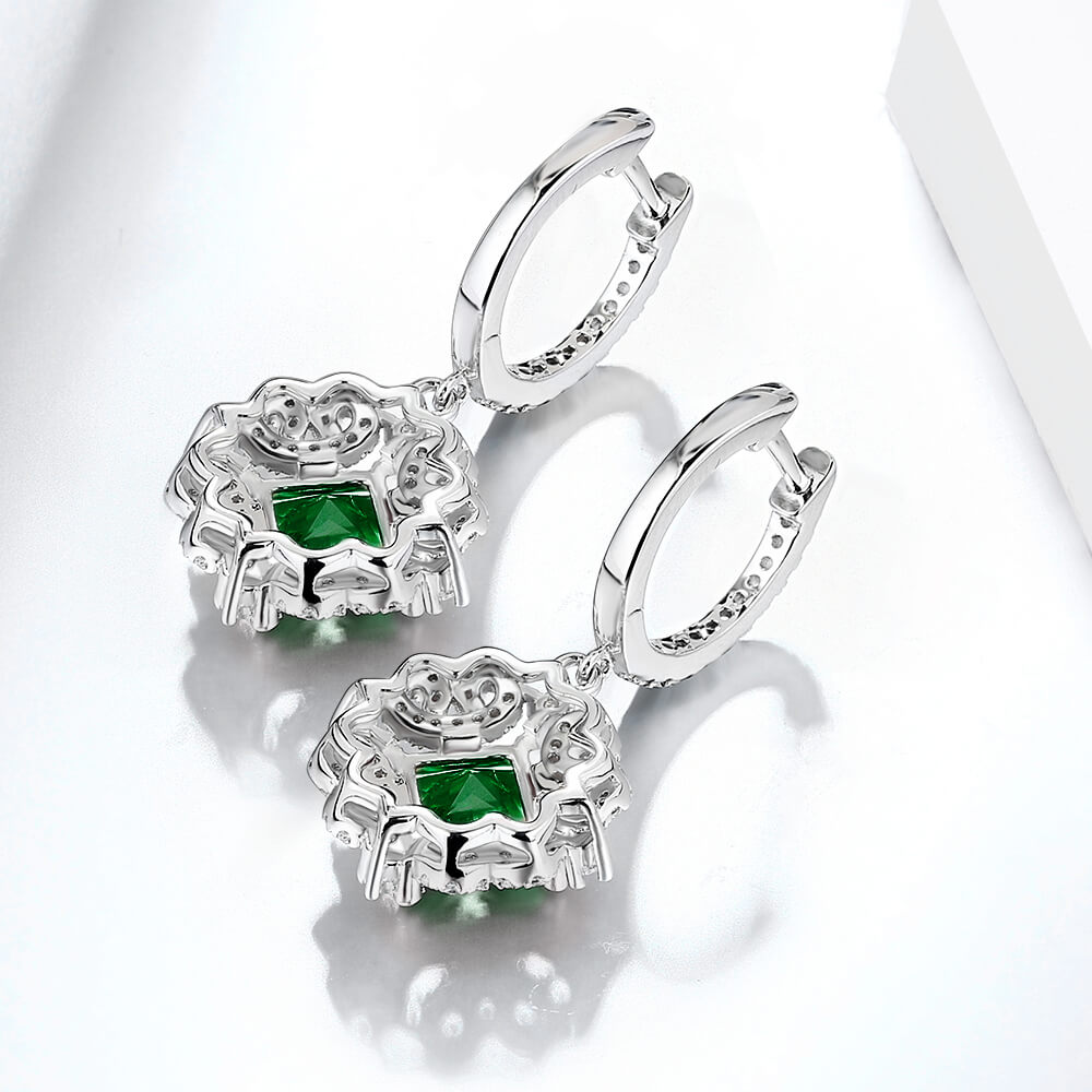 Halo Princess-Cut Lab-Created Emerald Sterling Silver Drop Earrings