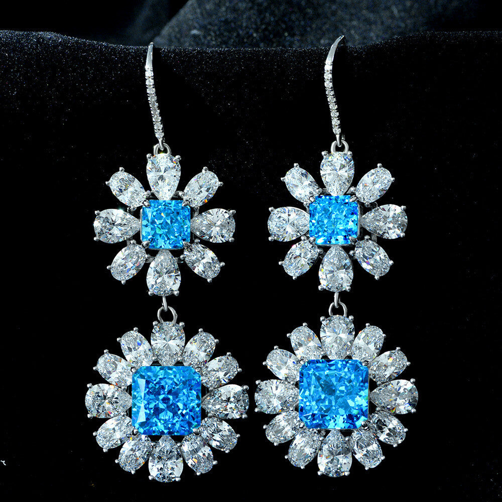 Halo Princess Lab-Sapphire Sterling Silver Drop Earrings