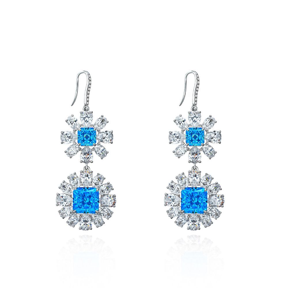 Halo Princess Lab-Sapphire Sterling Silver Drop Earrings