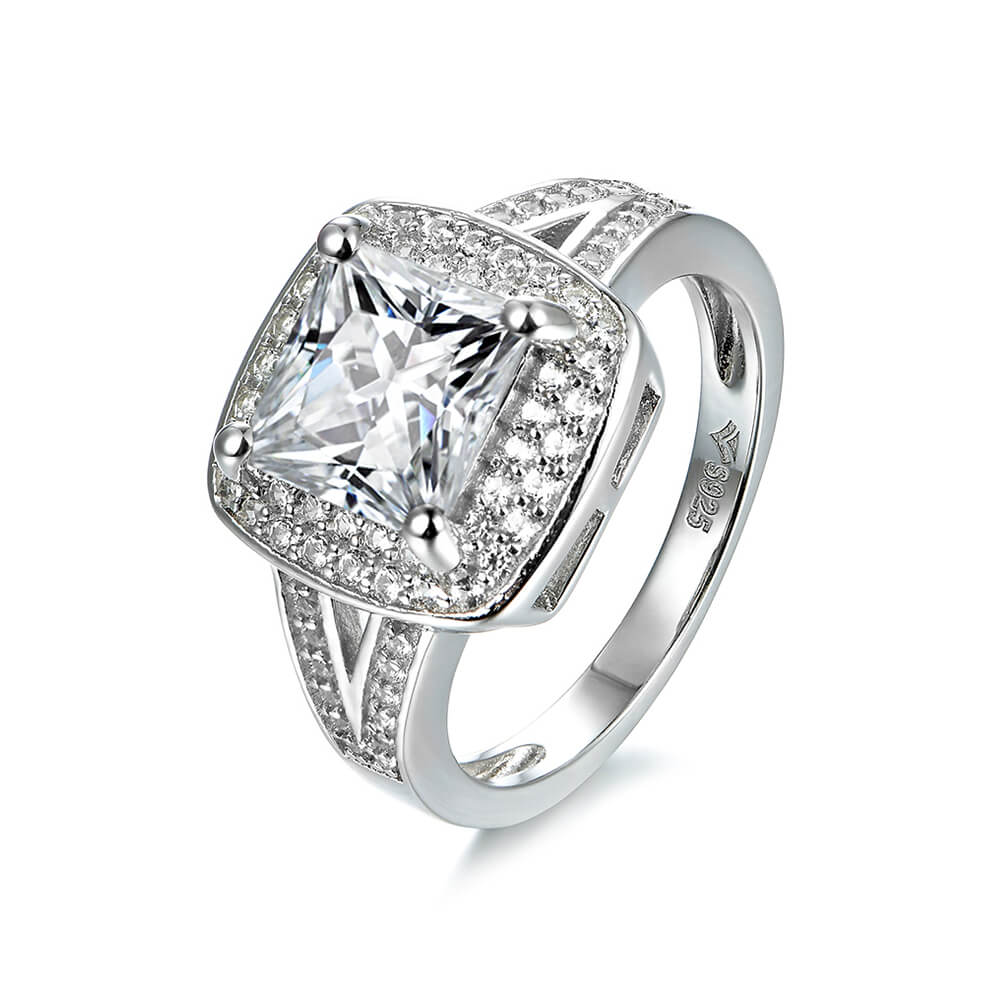 Halo Princess Moissanite Split Shank Pave Engagement Ring