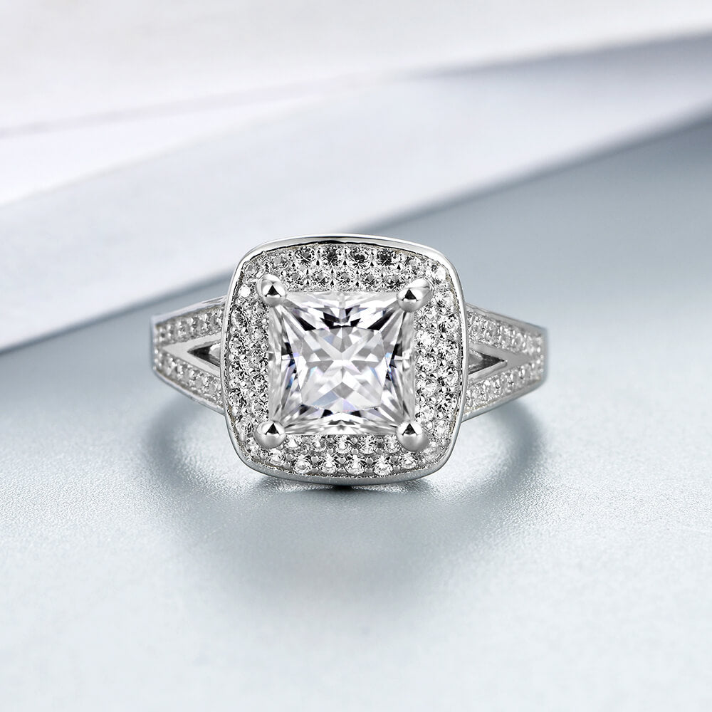 Halo Princess Moissanite Split Shank Pave Engagement Ring
