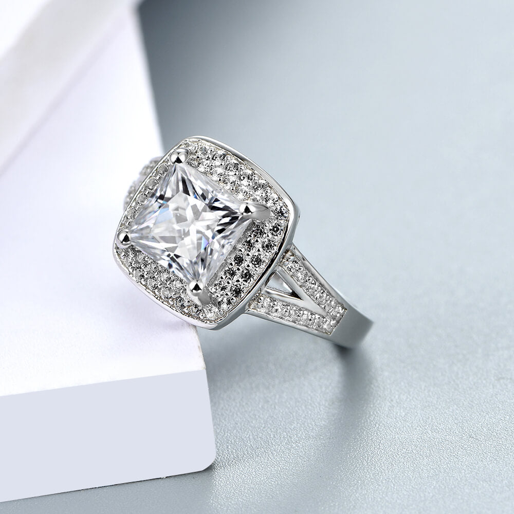 Halo Princess Moissanite Split Shank Pave Engagement Ring