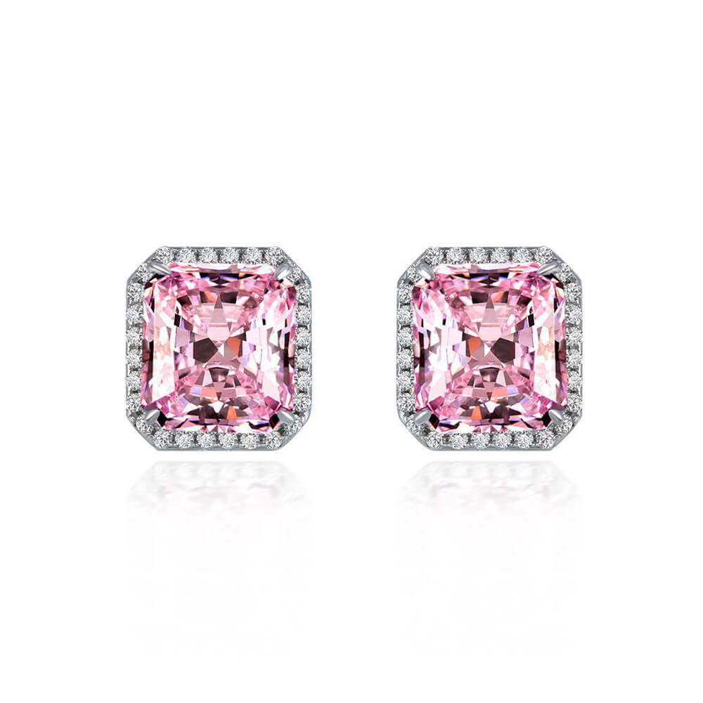 Halo Radiant-Cut Lab-Sapphire Sterling Silver Stud Earrings