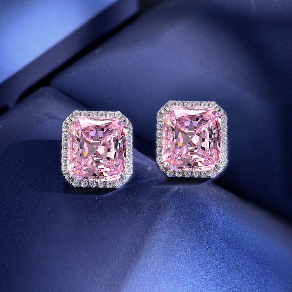 Halo Radiant-Cut Lab-Sapphire Sterling Silver Stud Earrings