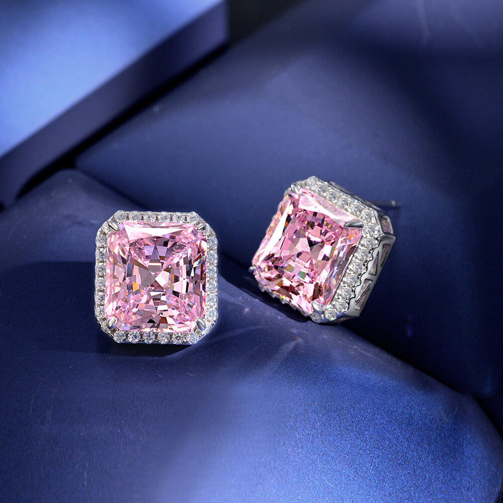 Halo Radiant-Cut Lab-Sapphire Sterling Silver Stud Earrings