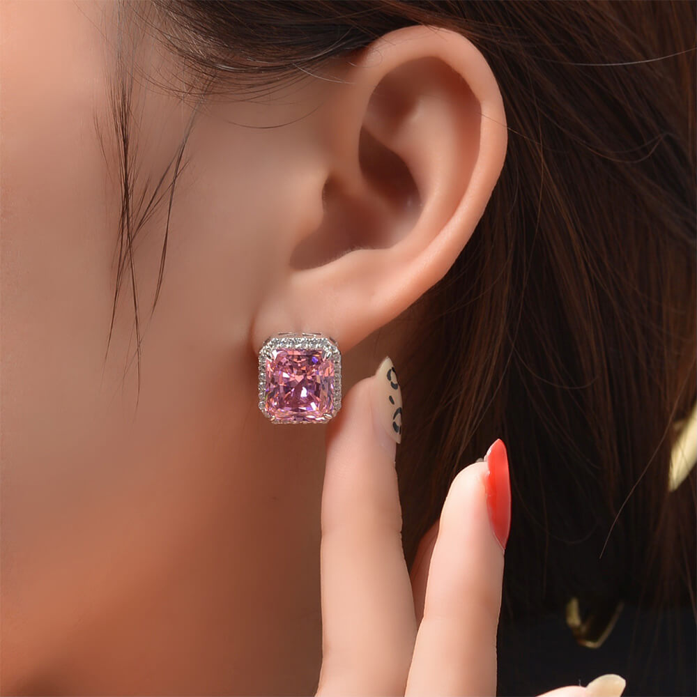 Halo Radiant-Cut Lab-Sapphire Sterling Silver Stud Earrings