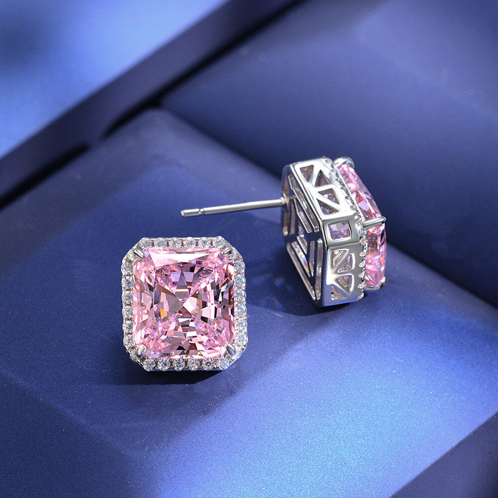 Halo Radiant-Cut Lab-Sapphire Sterling Silver Stud Earrings