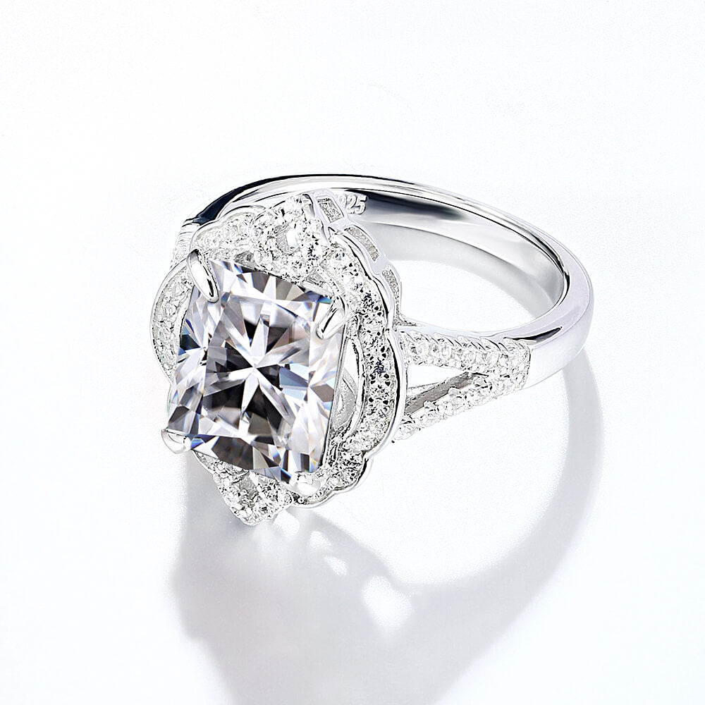 Halo Radiant Cut Moissanite Split Shank Engagement Ring
