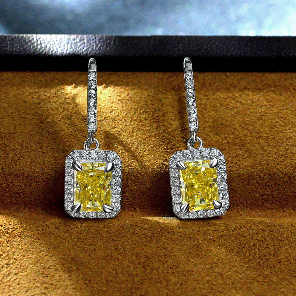 Halo Radiant Lab Sapphire Sterling Silver Drop Earrings