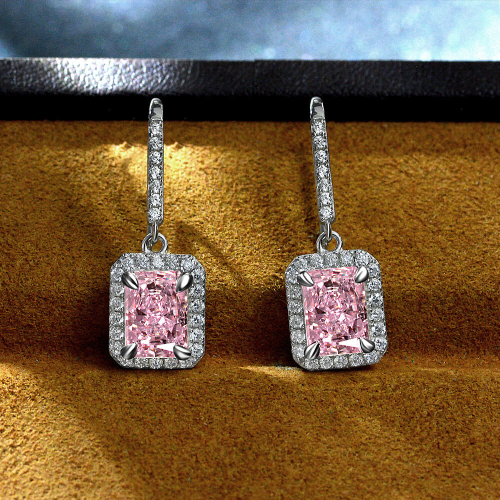 Halo Radiant Lab Sapphire Sterling Silver Drop Earrings
