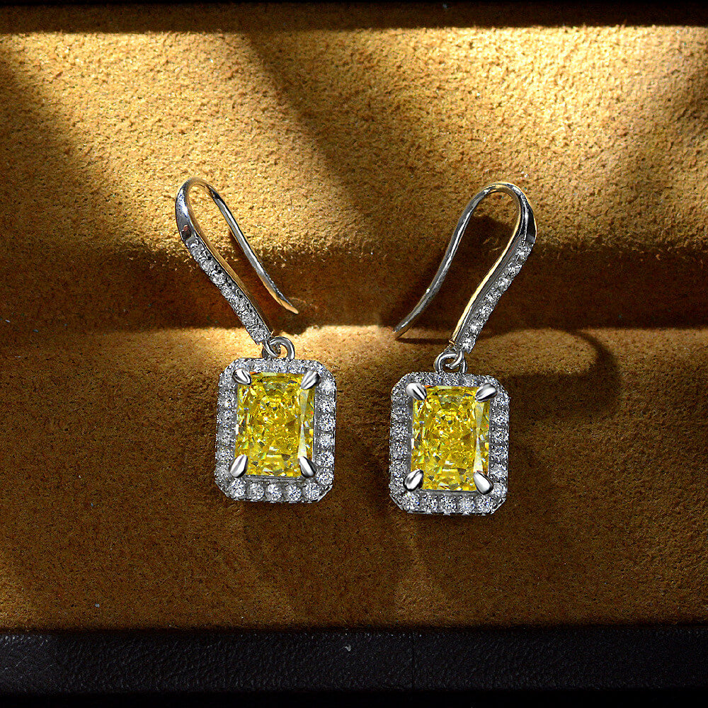 Halo Radiant Lab Sapphire Sterling Silver Drop Earrings