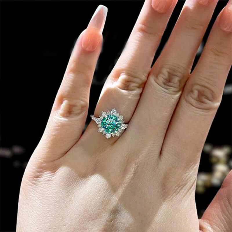 Halo Round Green Moissanite Pave Engagement Ring