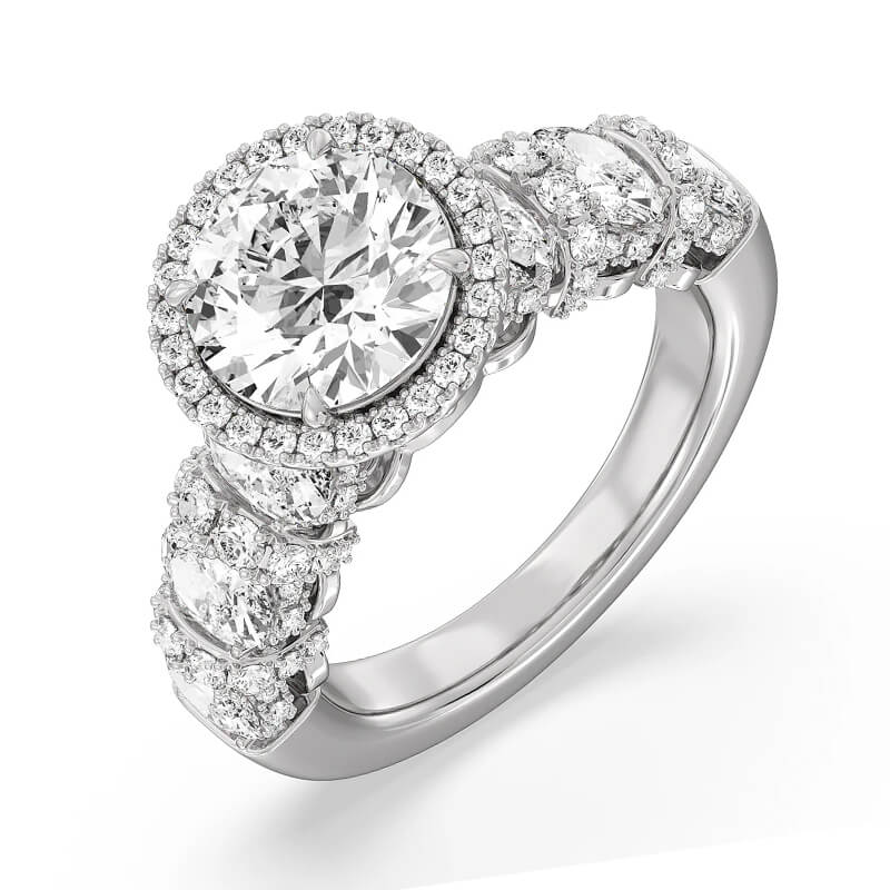 Halo Round Moissanite Alternating Oval And Pave Engagement Ring