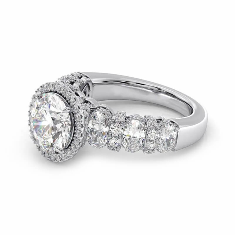 Halo Round Moissanite Alternating Oval And Pave Engagement Ring