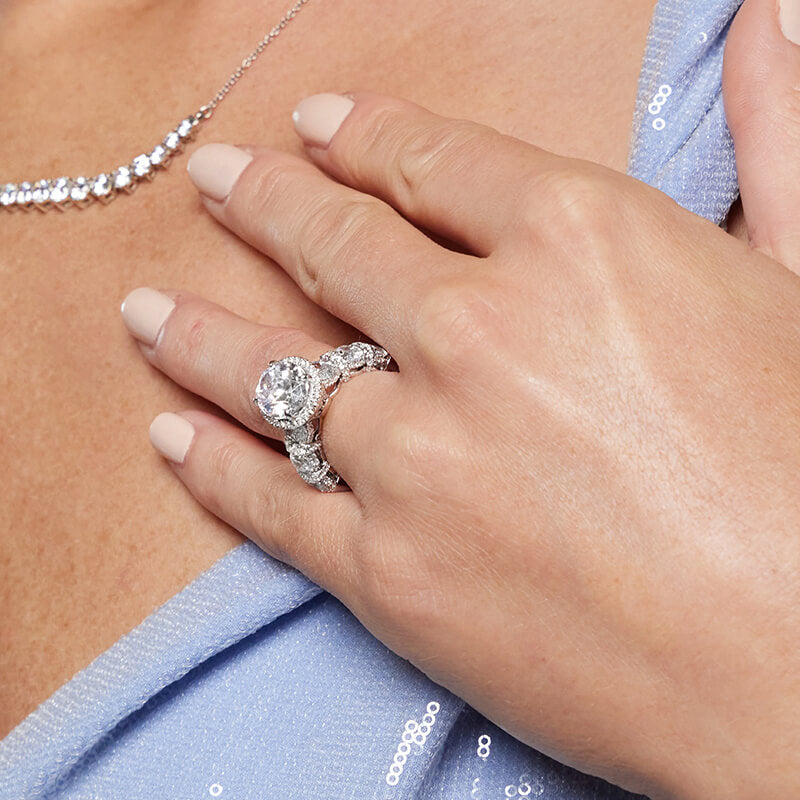Halo Round Moissanite Alternating Oval And Pave Engagement Ring