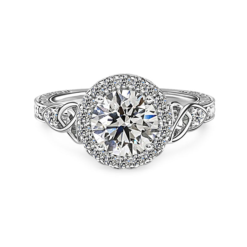 Halo Round Moissanite Celtic Knot Scroll Engagement Ring
