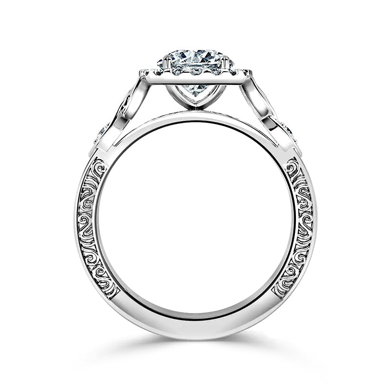 Halo Round Moissanite Celtic Knot Scroll Engagement Ring