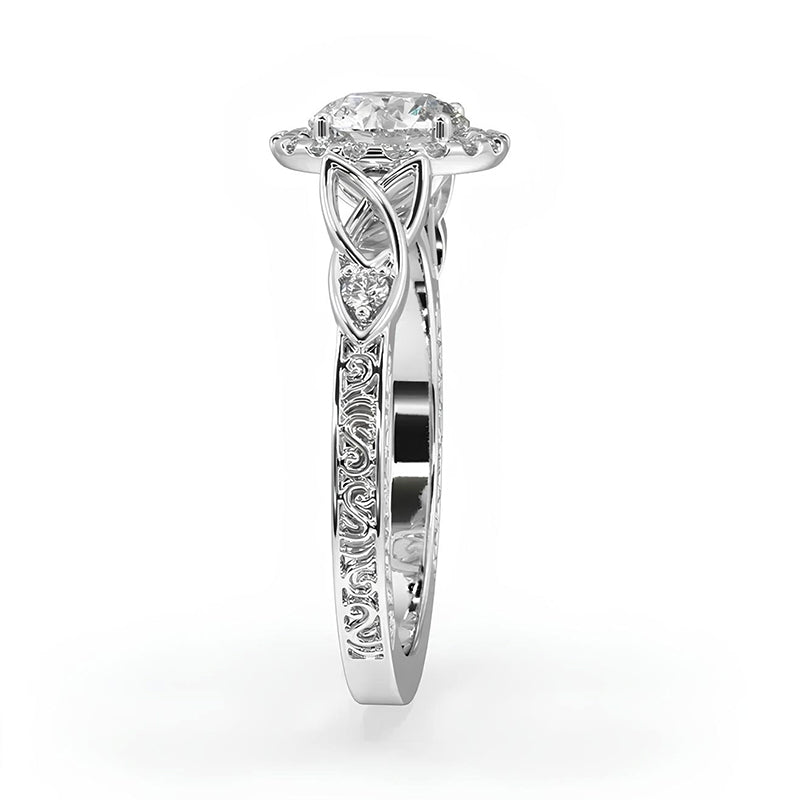 Halo Round Moissanite Celtic Knot Scroll Engagement Ring