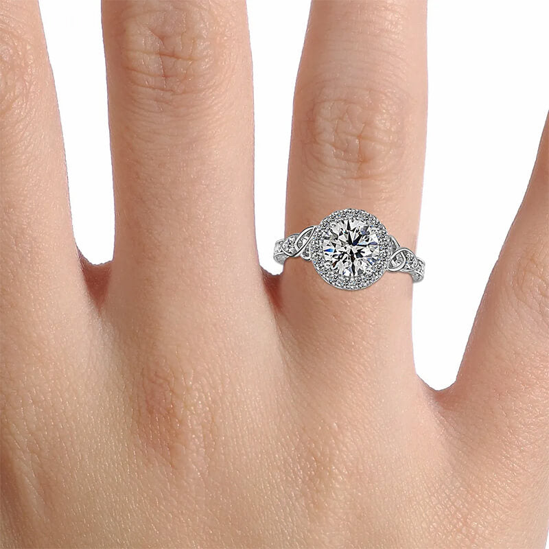 Halo Round Moissanite Celtic Knot Scroll Engagement Ring