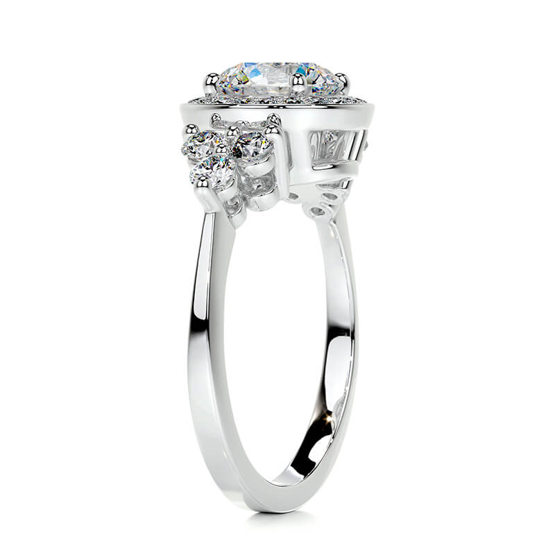 Halo Round Moissanite Cluster Side Stone Engagement Ring