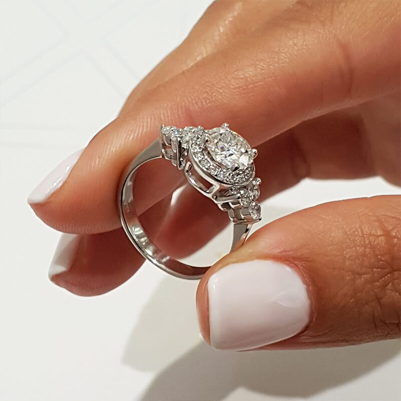 Halo Round Moissanite Cluster Side Stone Engagement Ring