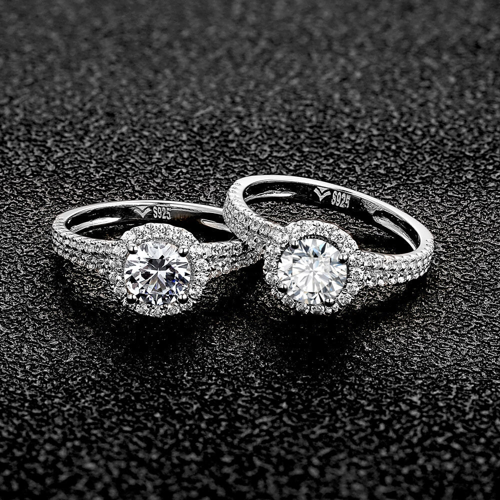 Halo Round Moissanite Double Shank Pave Engagement Ring