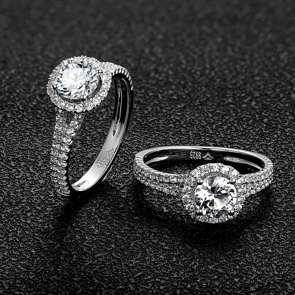Halo Round Moissanite Double Shank Pave Engagement Ring