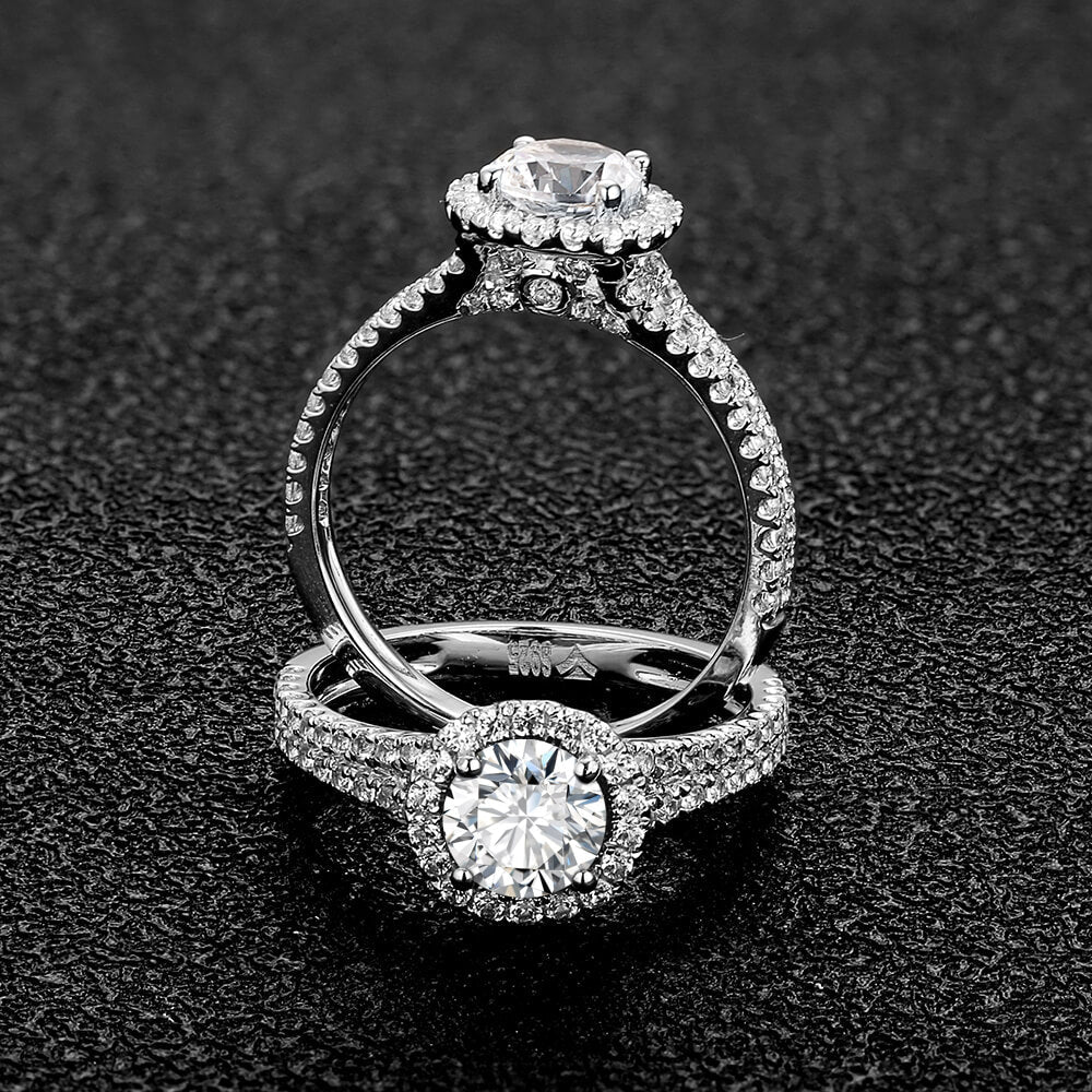 Halo Round Moissanite Double Shank Pave Engagement Ring