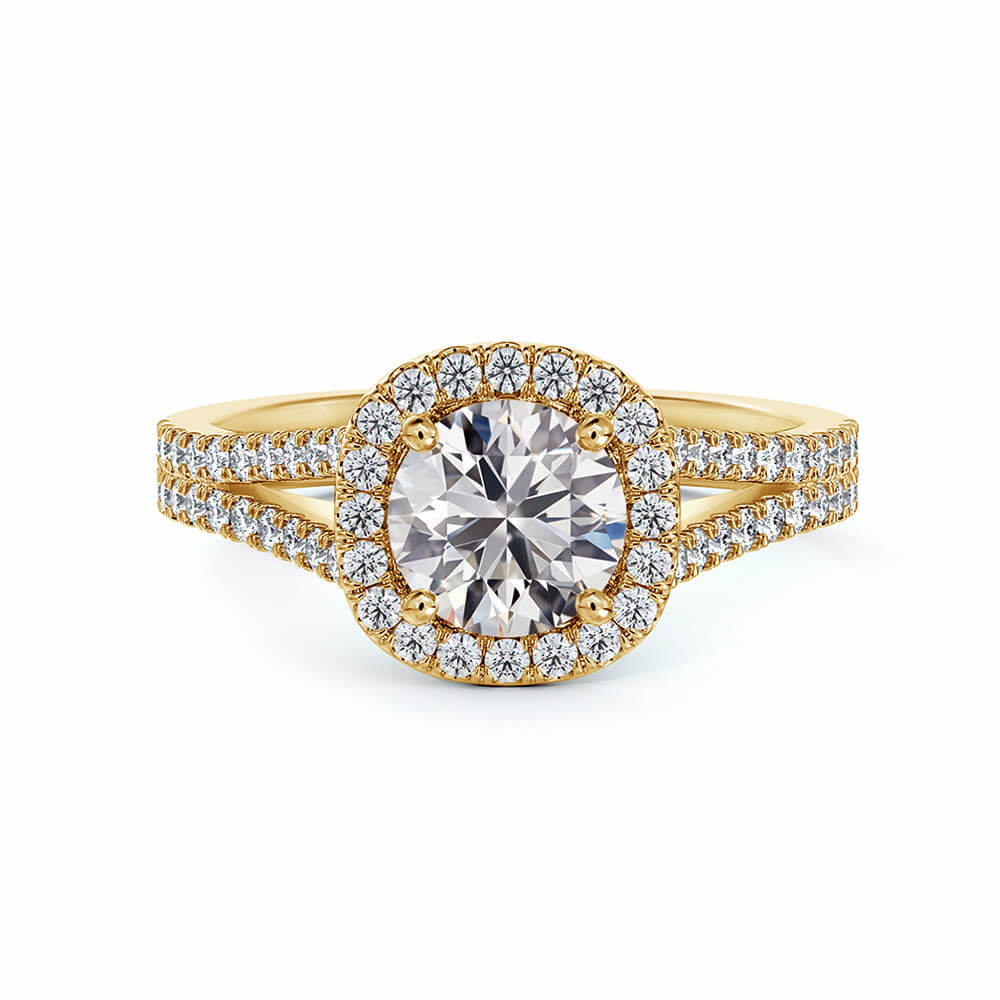 Halo Round Moissanite Split Shank Pavé Gold Engagement Ring