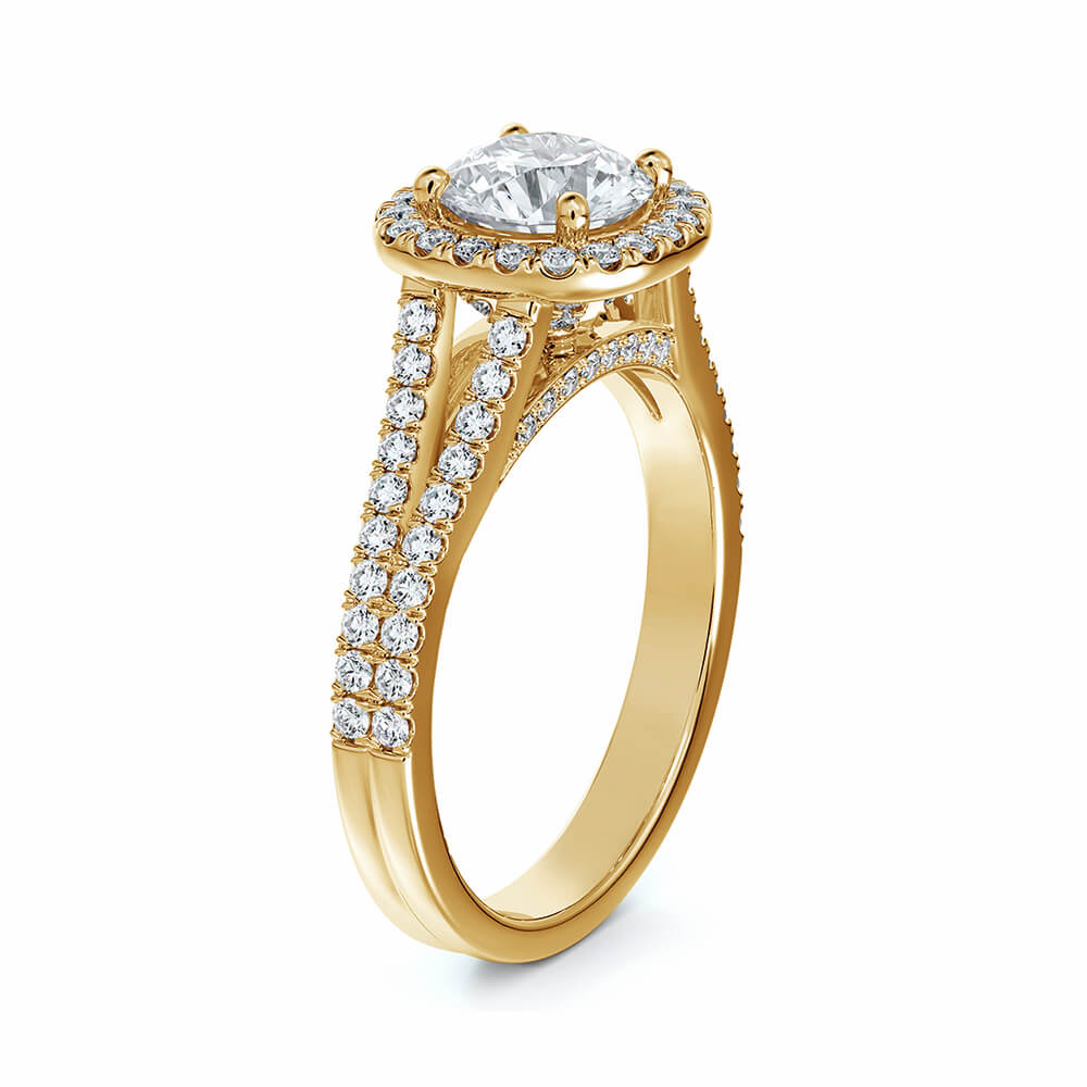 Halo Round Moissanite Split Shank Pavé Gold Engagement Ring