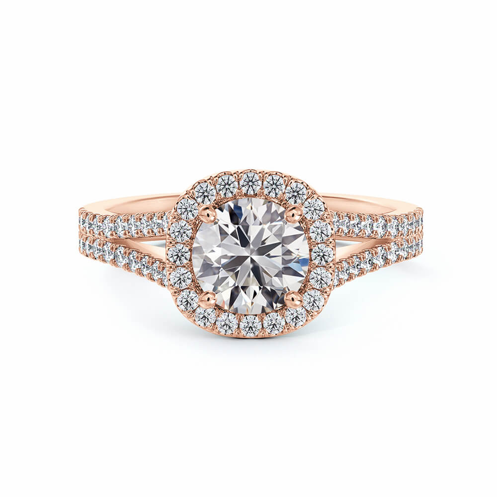 Halo Round Moissanite Split Shank Pavé Gold Engagement Ring