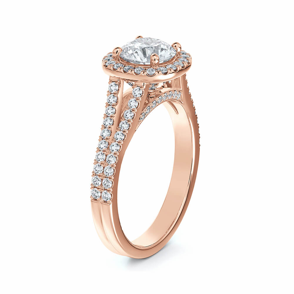 Halo Round Moissanite Split Shank Pavé Gold Engagement Ring