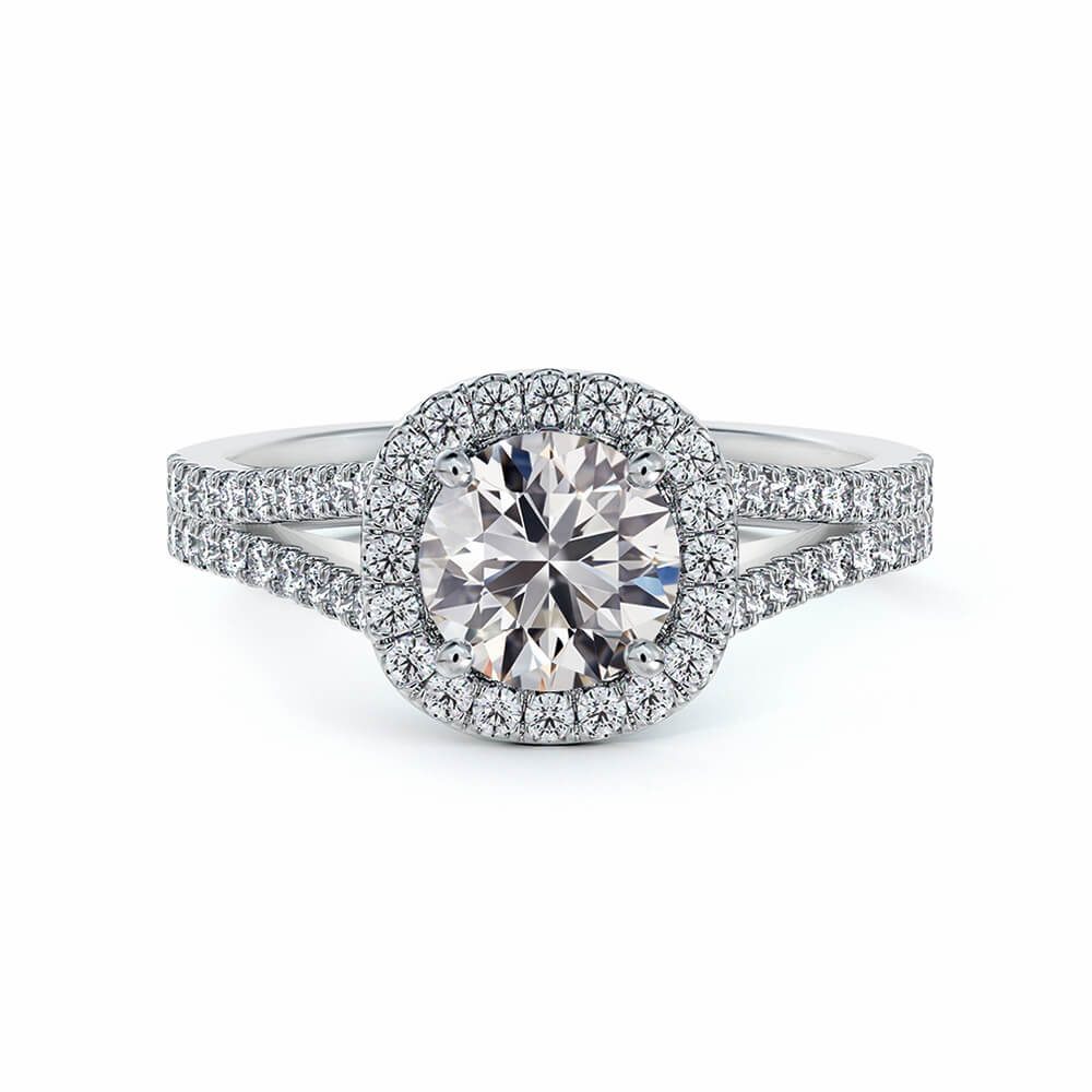 Halo Round Moissanite Split Shank Pavé Gold Engagement Ring