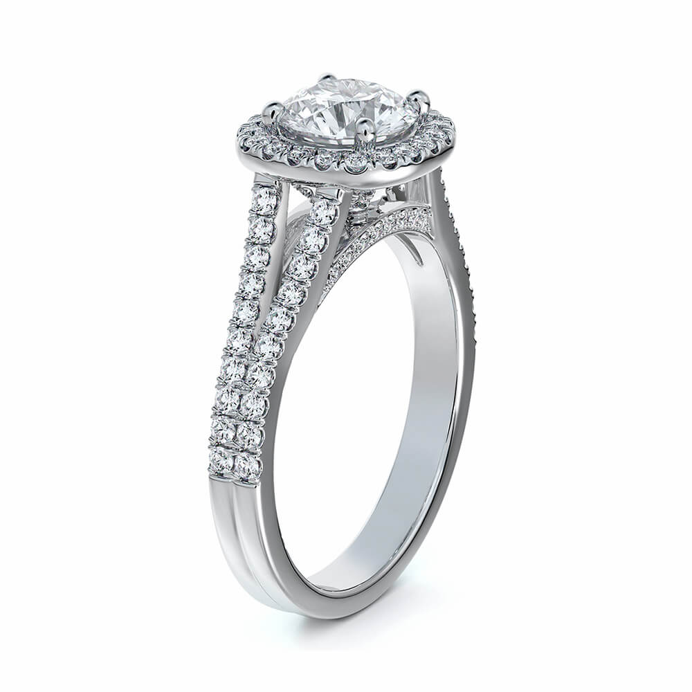 Halo Round Moissanite Split Shank Pavé Gold Engagement Ring