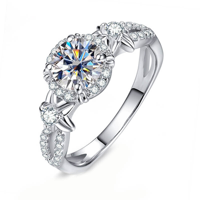 Halo Round Moissanite Star Accents Criss-Cross Pave Engagement Ring