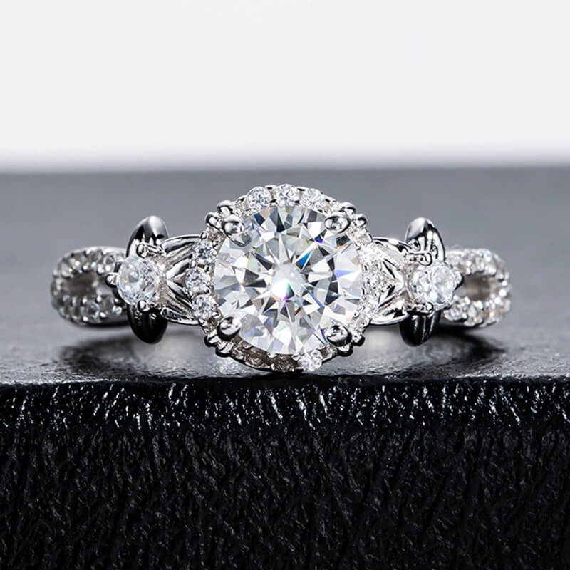 Halo Round Moissanite Star Accents Criss-Cross Pave Engagement Ring