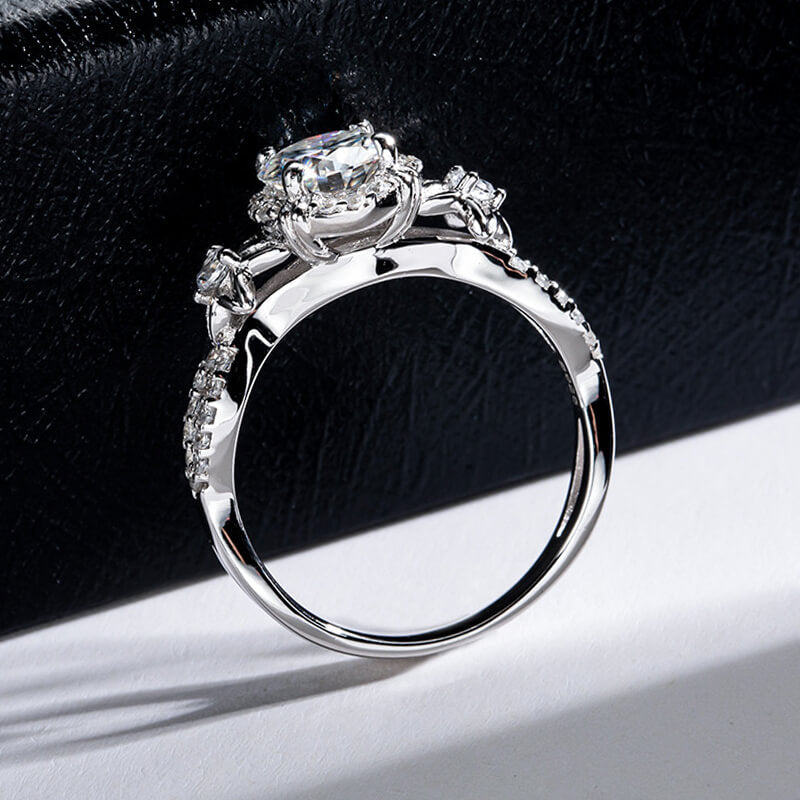 Halo Round Moissanite Star Accents Criss-Cross Pave Engagement Ring