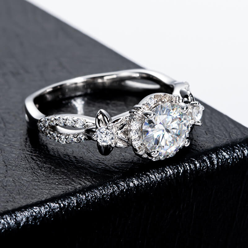 Halo Round Moissanite Star Accents Criss-Cross Pave Engagement Ring