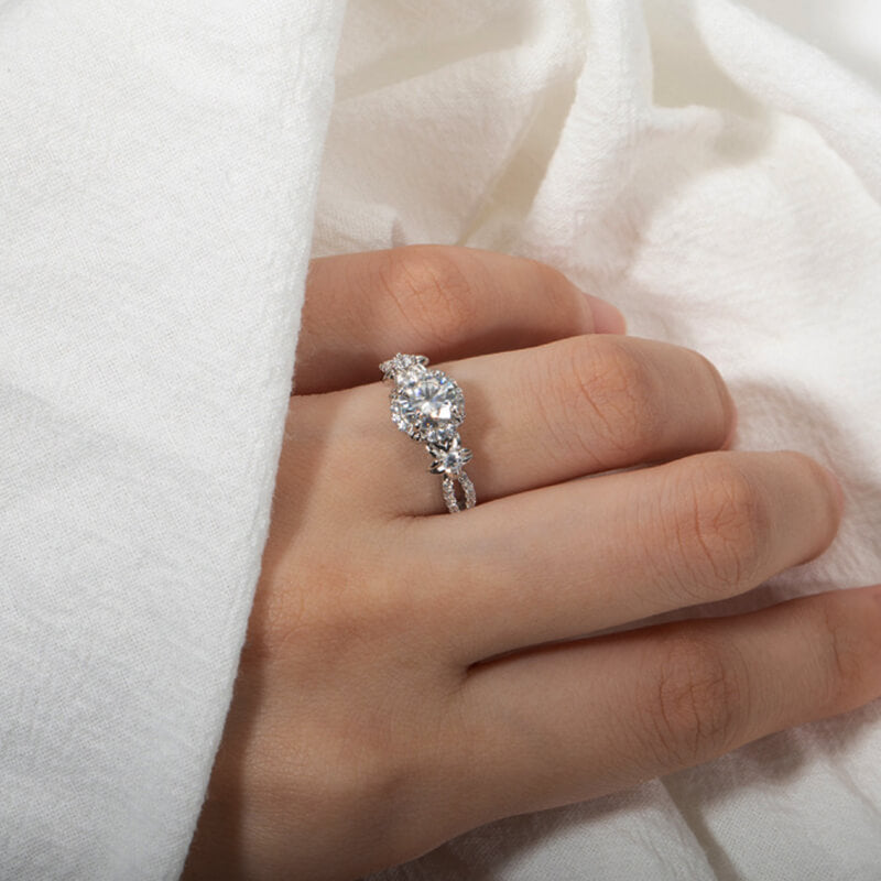Halo Round Moissanite Star Accents Criss-Cross Pave Engagement Ring
