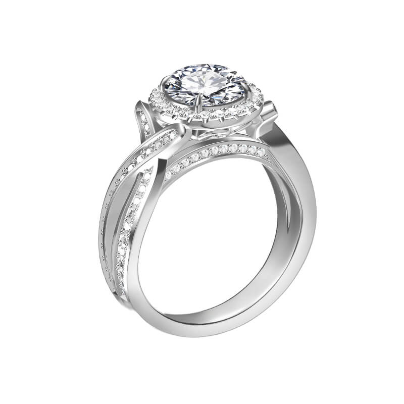 Halo Round Moissanite X-Cross Pave Engagement Ring