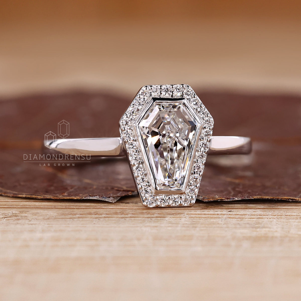 Bezel Set Round Halo Diamond Ring with Coffin Center Stone