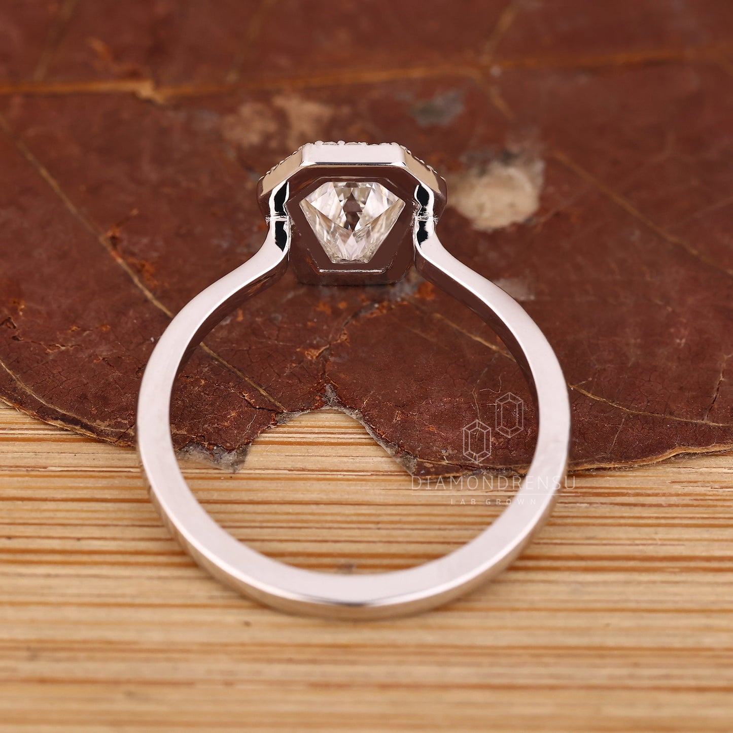 Bezel Set Round Halo Diamond Ring with Coffin Center Stone