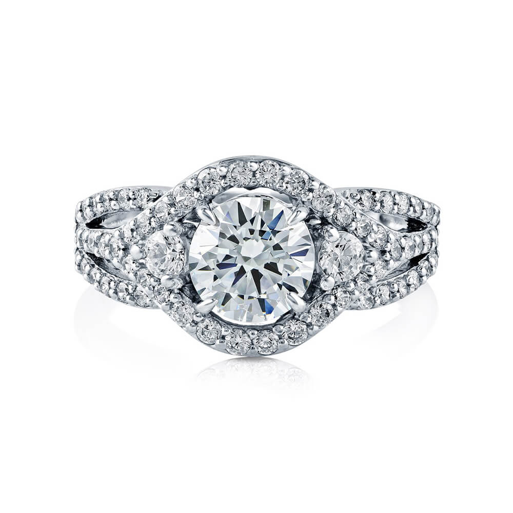Halo Three Stone Moissanite Triple Pave Engagement Ring
