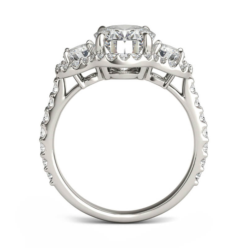 Halo Three Stone Oval Cut Moissanite Pave Engagement Ring
