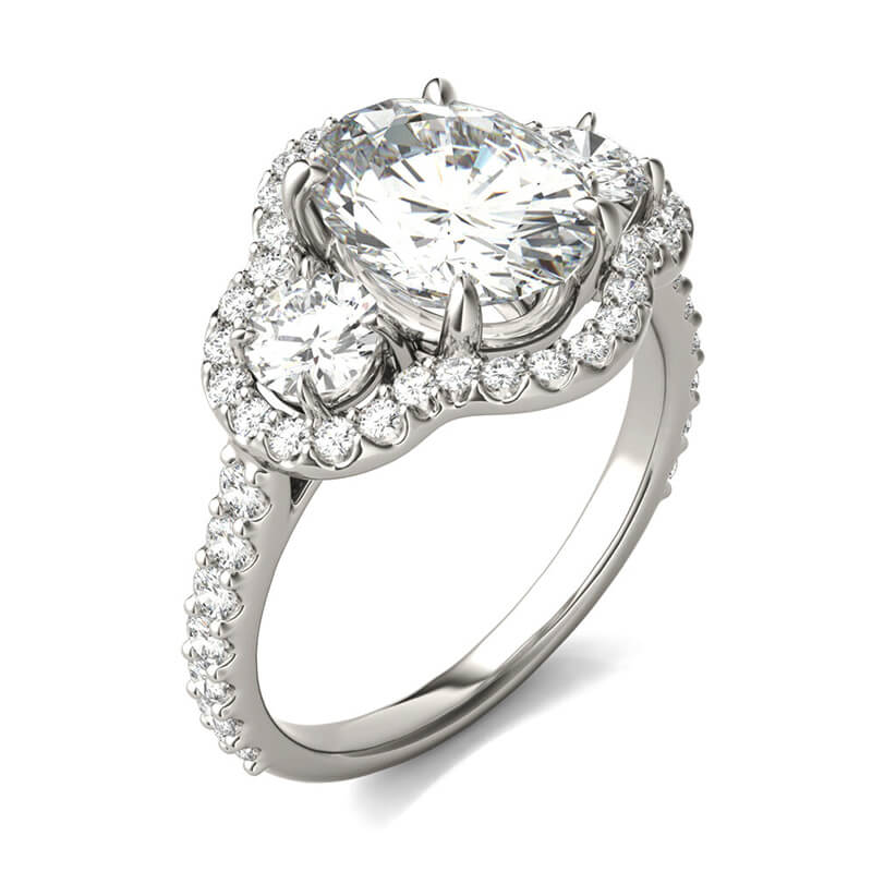 Halo Three Stone Oval Cut Moissanite Pave Engagement Ring